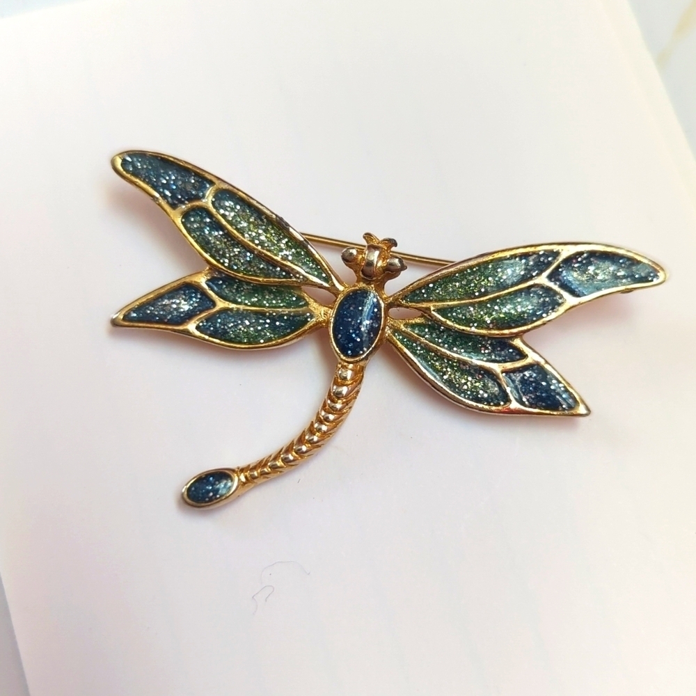 Dragonfly Brooch Pin Blue Green Sparkle Gold tone clasp